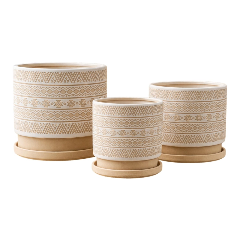 SET 3 MACETEROS MACETA DE CERAMICA BEIGE CON PATRONES BLANCO - 1