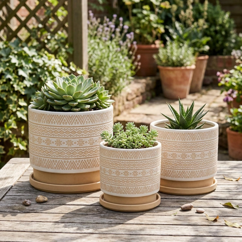 SET 3 MACETEROS MACETA DE CERAMICA BEIGE CON PATRONES BLANCO - 2