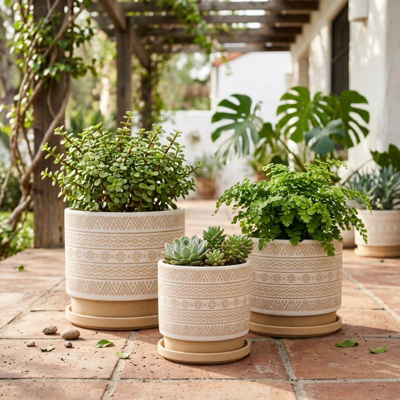 SET 3 MACETEROS MACETA DE CERAMICA BEIGE CON PATRONES BLANCO - 3