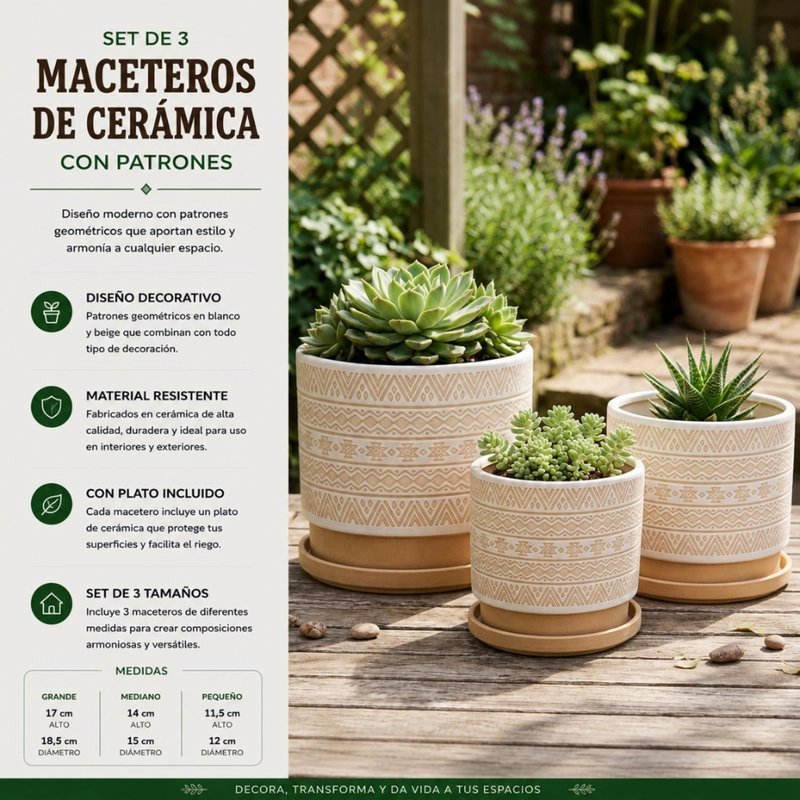SET 3 MACETEROS MACETA DE CERAMICA BEIGE CON PATRONES BLANCO - 4