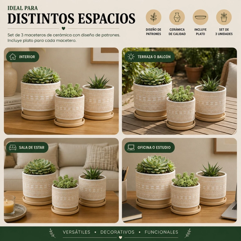 SET 3 MACETEROS MACETA DE CERAMICA BEIGE CON PATRONES BLANCO - 6