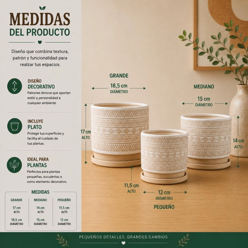 SET 3 MACETEROS MACETA DE CERAMICA BEIGE CON PATRONES BLANCO - 7