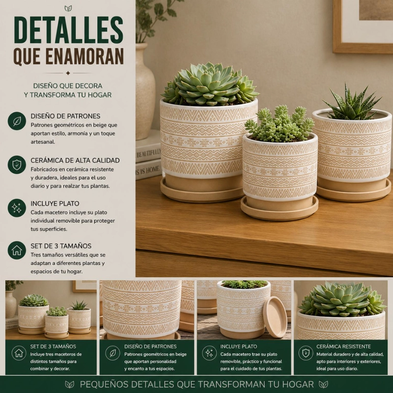 SET 3 MACETEROS MACETA DE CERAMICA BEIGE CON PATRONES BLANCO - 8
