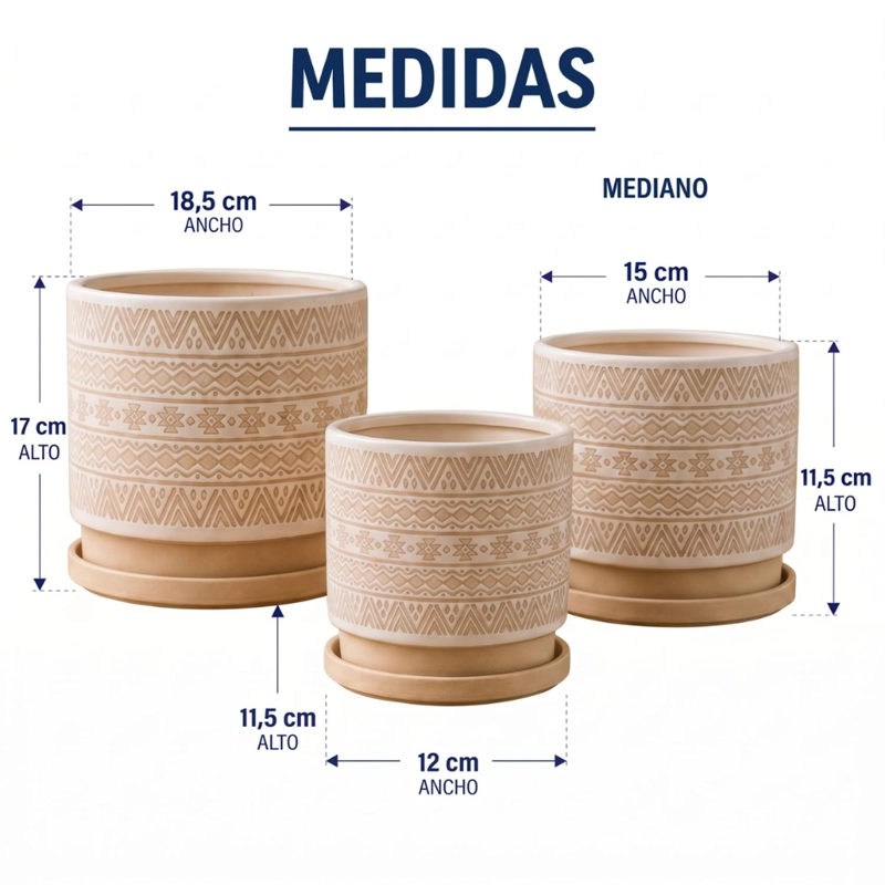 SET 3 MACETEROS MACETA DE CERAMICA BEIGE CON PATRONES BLANCO - 9
