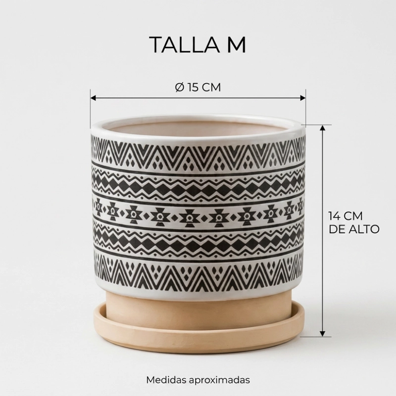 MACETERO MACETA DE CERAMICA BLANCO CON PATRONES NEGRO M - 9