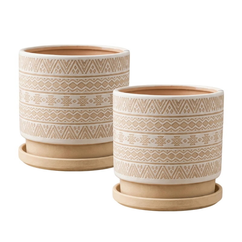 MACETERO MACETA DE CERAMICA BEIGE CON PATRONES BLANCOS M - 1