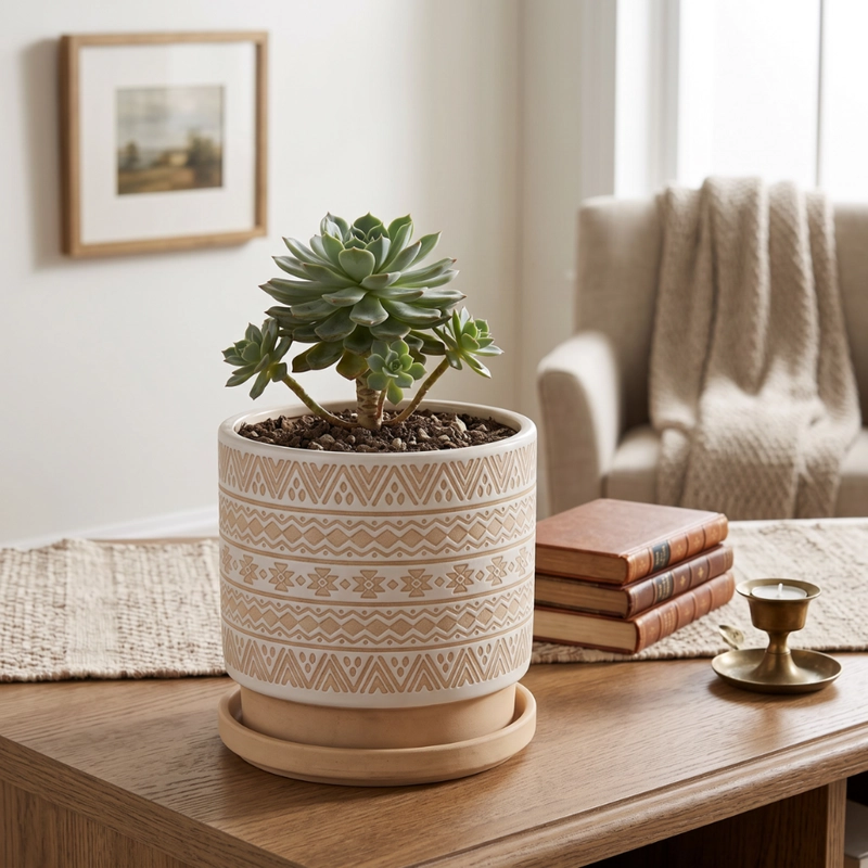 MACETERO MACETA DE CERAMICA BEIGE CON PATRONES BLANCOS M - 2