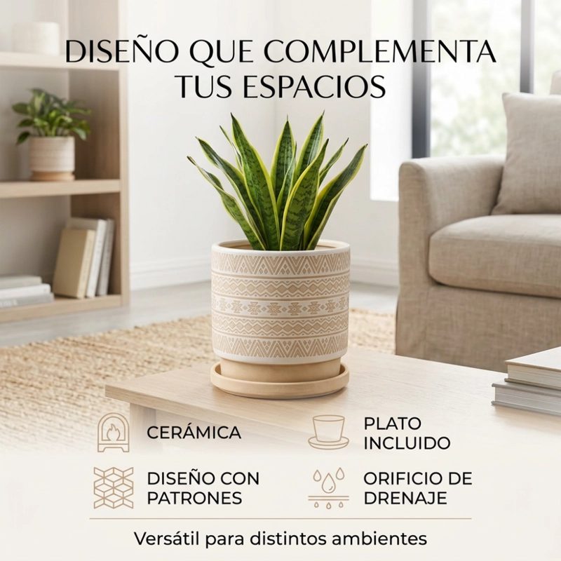 MACETERO MACETA DE CERAMICA BEIGE CON PATRONES BLANCOS M - 3