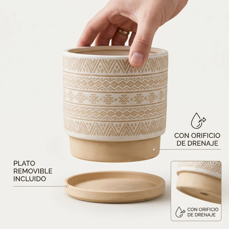 MACETERO MACETA DE CERAMICA BEIGE CON PATRONES BLANCOS M - 4