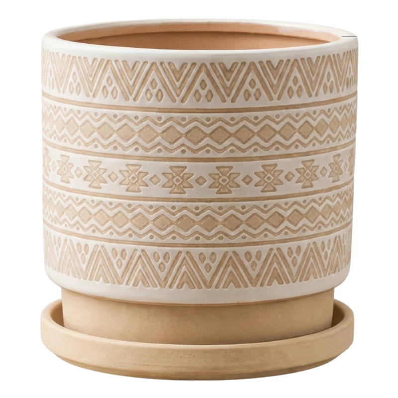 MACETERO MACETA DE CERAMICA BEIGE CON PATRONES BLANCOS M - 6