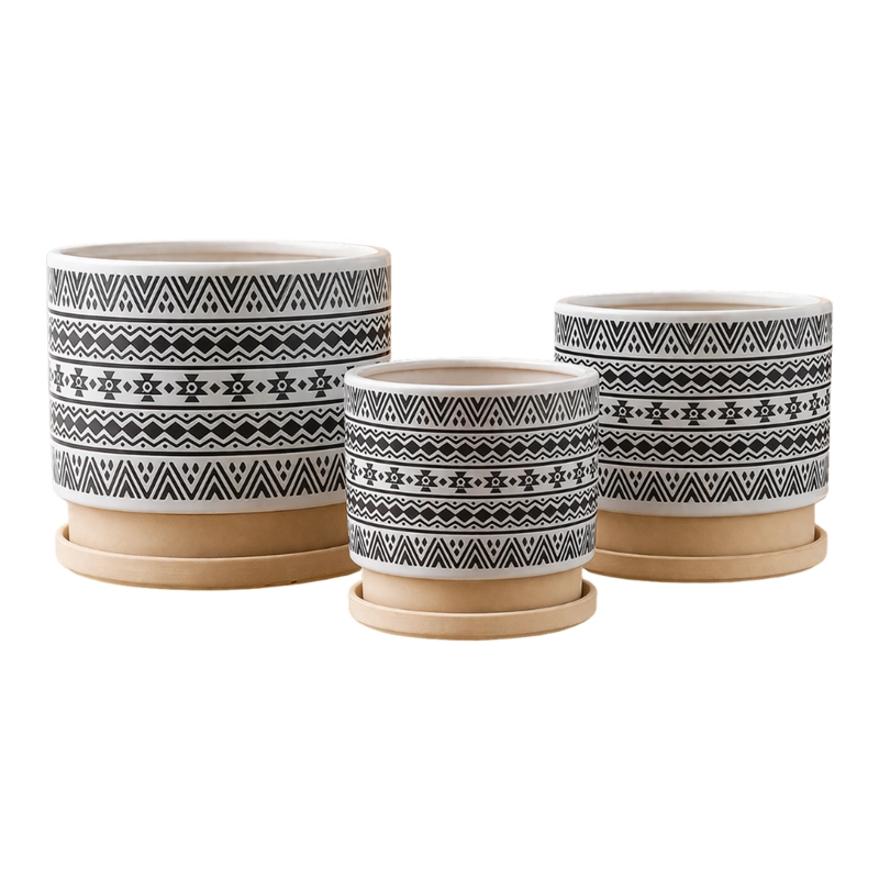 SET 3 MACETEROS MACETA DE CERAMICA BLANCO CON PATRONES NEGRO - 1