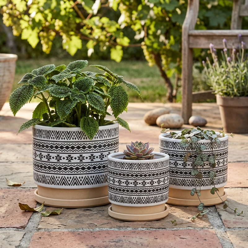 SET 3 MACETEROS MACETA DE CERAMICA BLANCO CON PATRONES NEGRO - 2