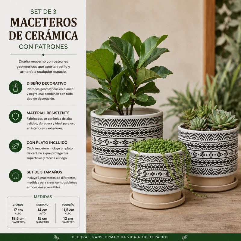 SET 3 MACETEROS MACETA DE CERAMICA BLANCO CON PATRONES NEGRO - 4
