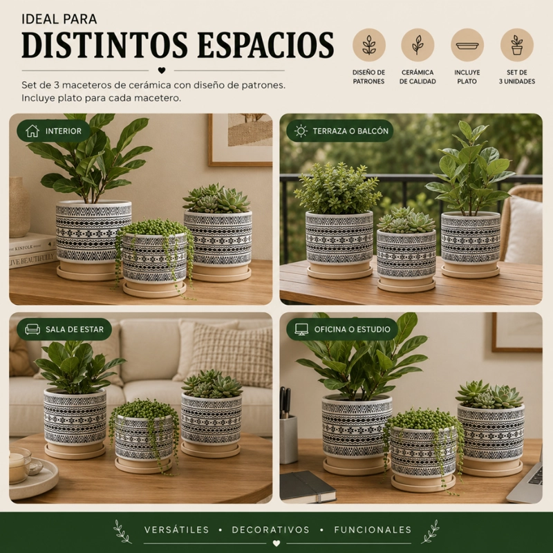SET 3 MACETEROS MACETA DE CERAMICA BLANCO CON PATRONES NEGRO - 6