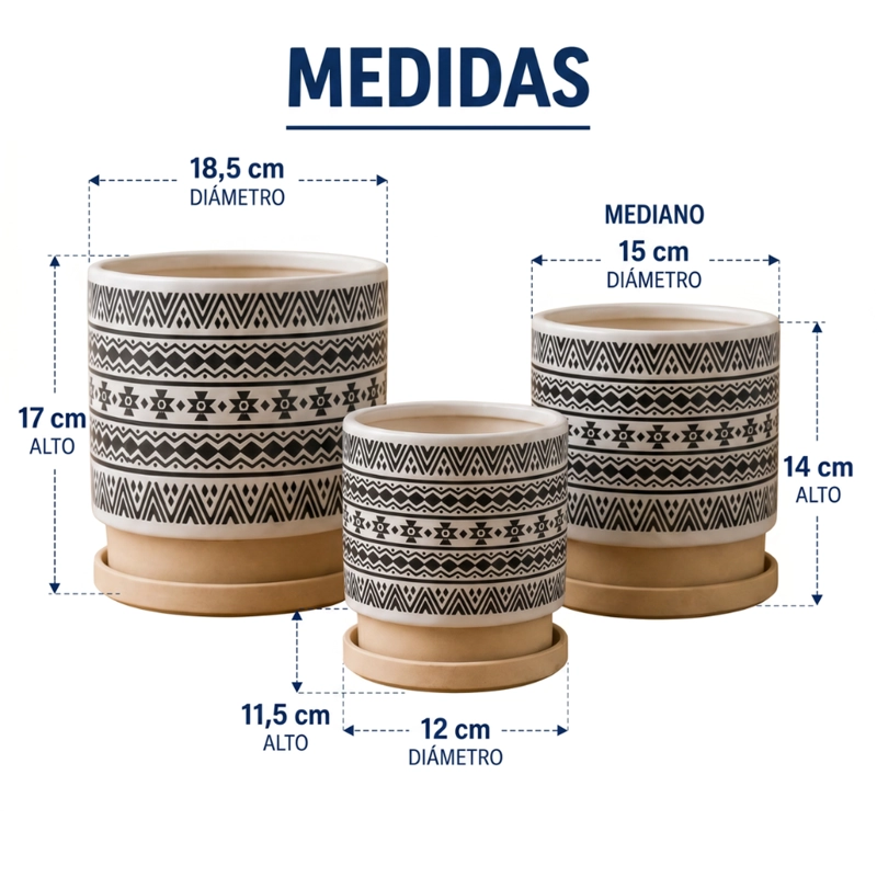 SET 3 MACETEROS MACETA DE CERAMICA BLANCO CON PATRONES NEGRO - 9