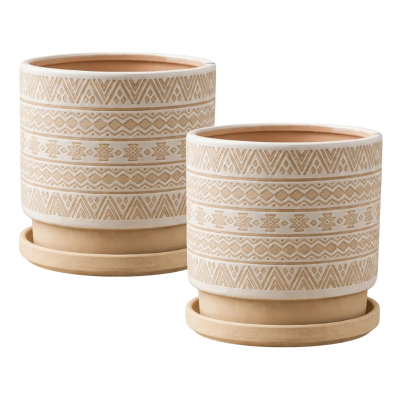 MACETERO MACETA DE CERAMICA BEIGE CON PATRONES BLANCOS L - 1