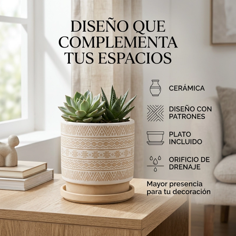 MACETERO MACETA DE CERAMICA BEIGE CON PATRONES BLANCOS L - 3