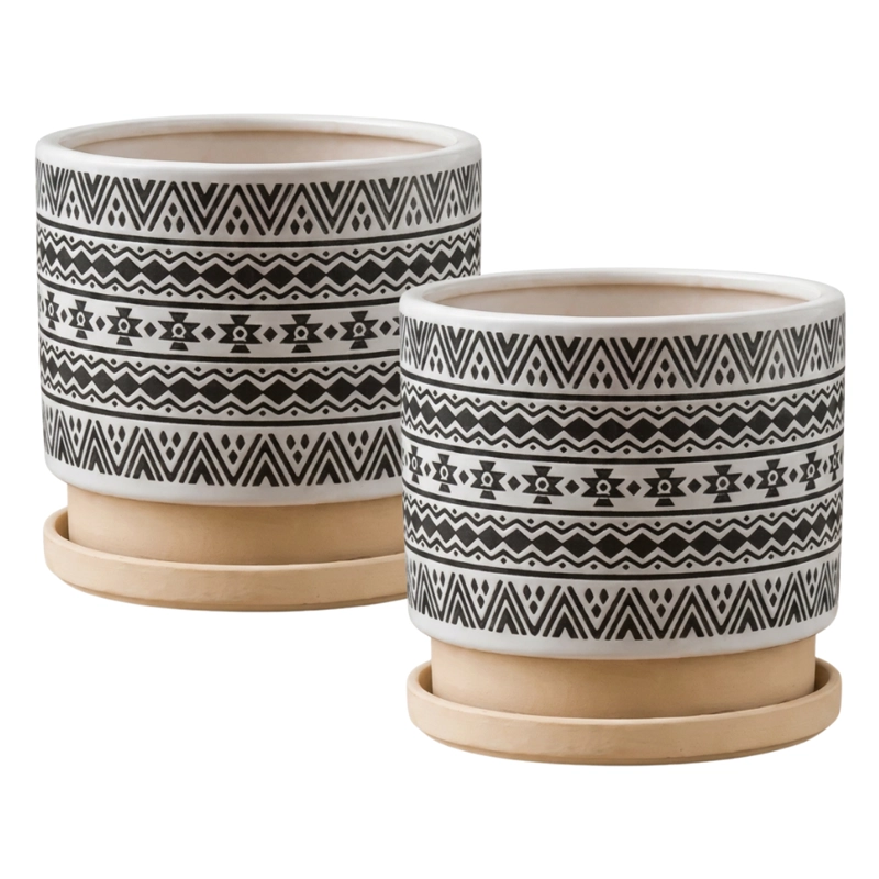 MACETERO MACETA DE CERAMICA BLANCO CON PATRONES NEGRO L - 1