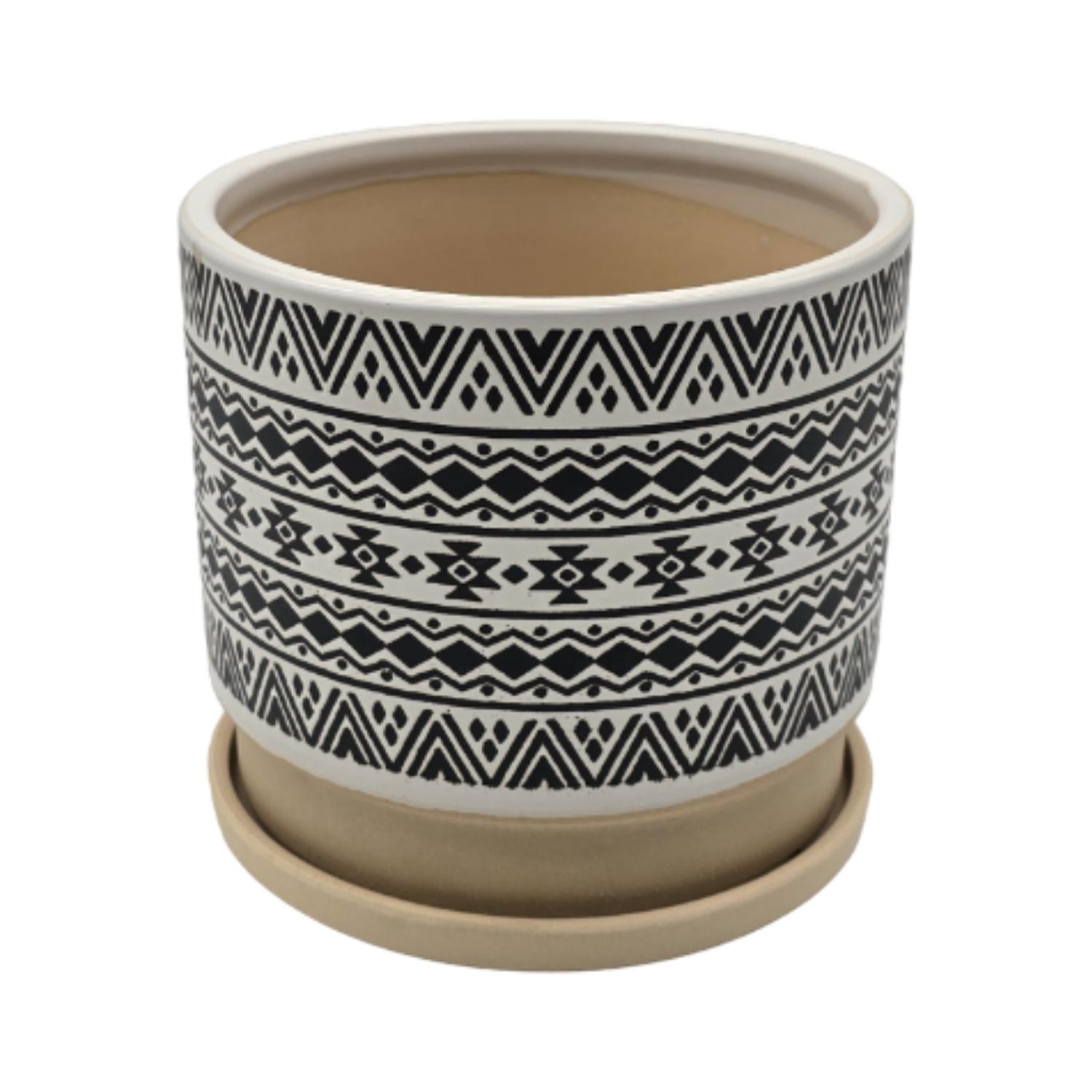 MACETERO MACETA DE CERAMICA BLANCO CON PATRONES NEGRO L - 2