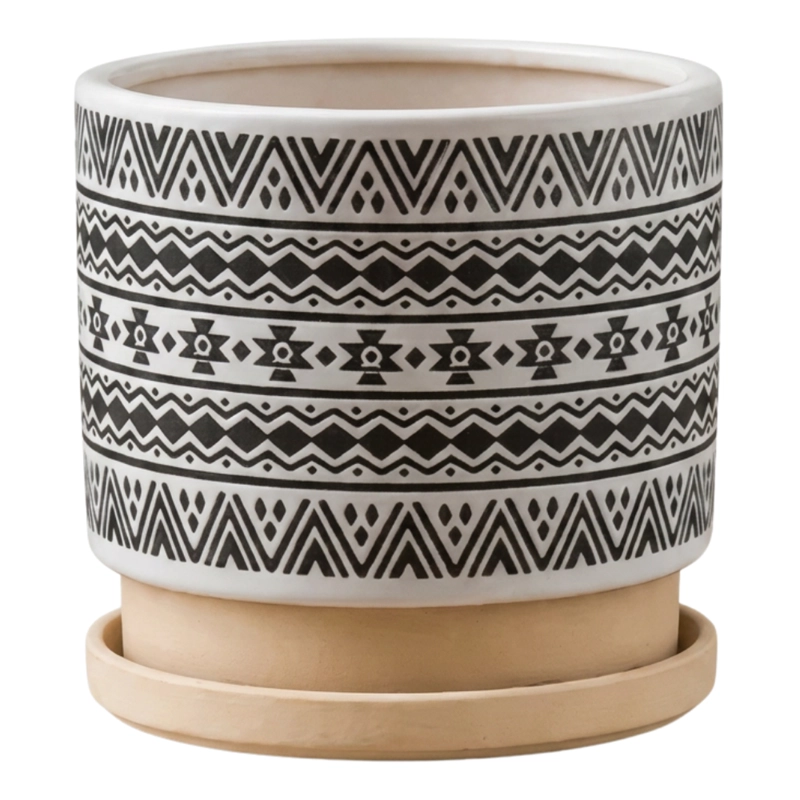 MACETERO MACETA DE CERAMICA BLANCO CON PATRONES NEGRO L - 6