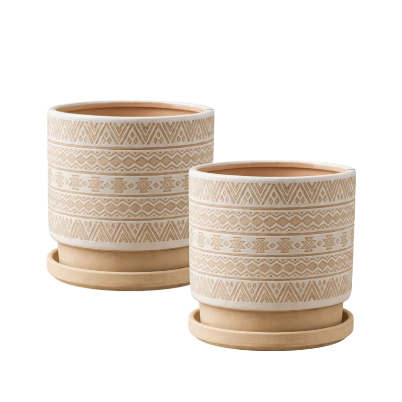 MACETERO MACETA DE CERAMICA BEIGE CON PATRONES BLANCOS S - 1