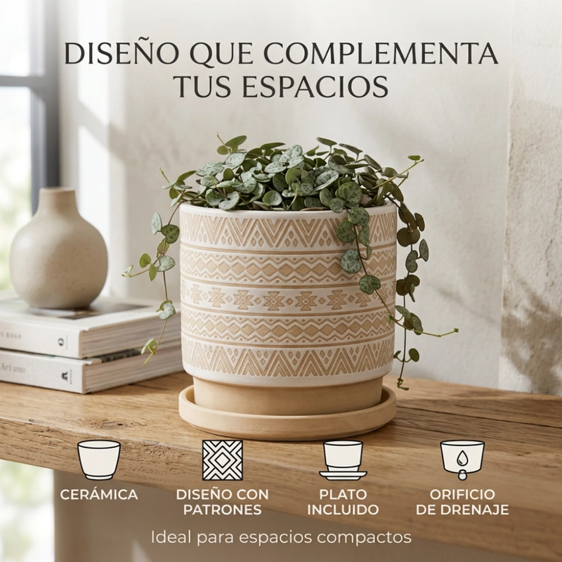 MACETERO MACETA DE CERAMICA BEIGE CON PATRONES BLANCOS S - 3