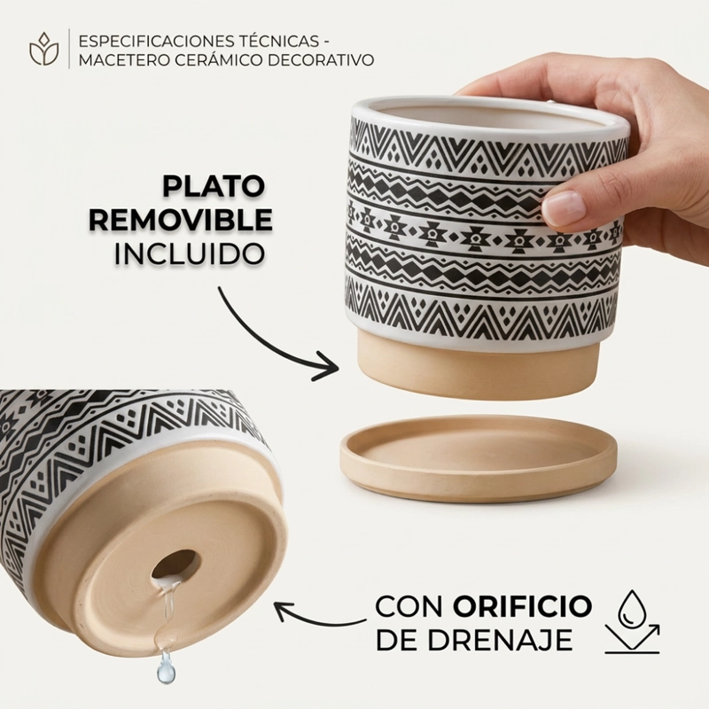 MACETERO MACETA DE CERAMICA BLANCO CON PATRONES NEGRO S - 4