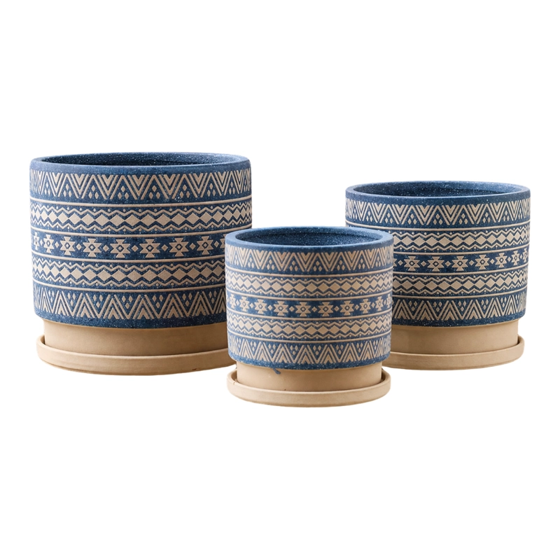 SET 3 MACETEROS MACETA DE CERAMICA AZUL CON PATRONES BEIGE - 1