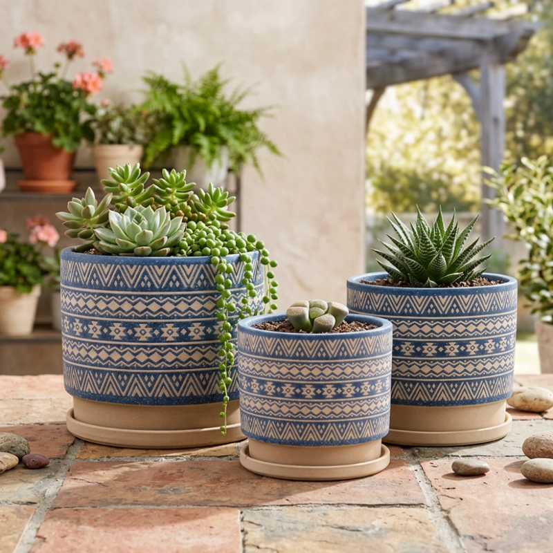SET 3 MACETEROS MACETA DE CERAMICA AZUL CON PATRONES BEIGE - 2