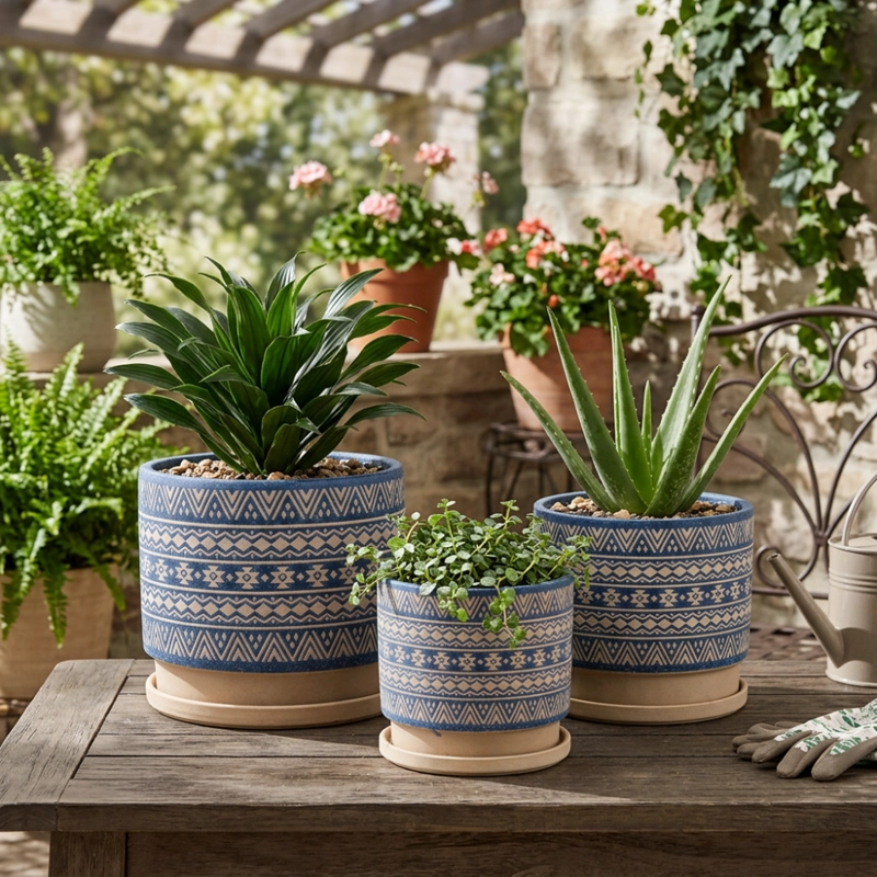 SET 3 MACETEROS MACETA DE CERAMICA AZUL CON PATRONES BEIGE - 3