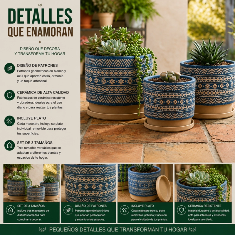 SET 3 MACETEROS MACETA DE CERAMICA AZUL CON PATRONES BEIGE - 4