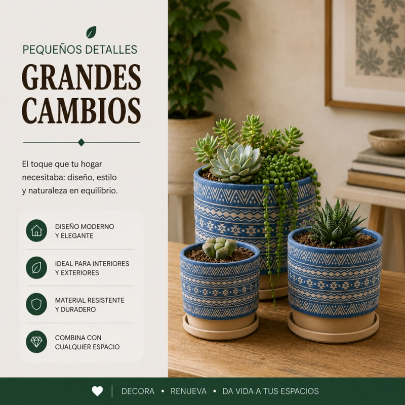 SET 3 MACETEROS MACETA DE CERAMICA AZUL CON PATRONES BEIGE - 5