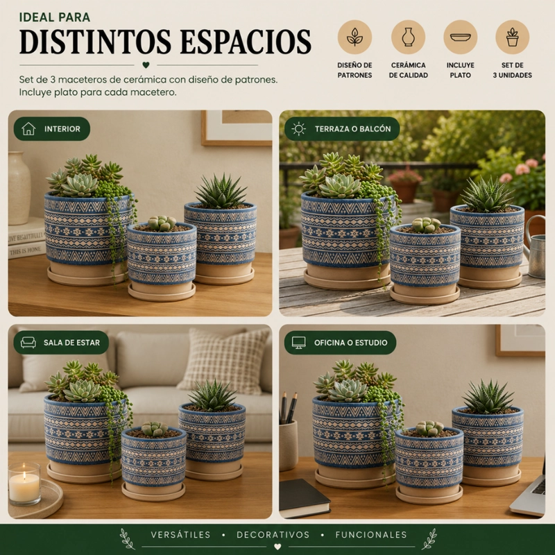 SET 3 MACETEROS MACETA DE CERAMICA AZUL CON PATRONES BEIGE - 6