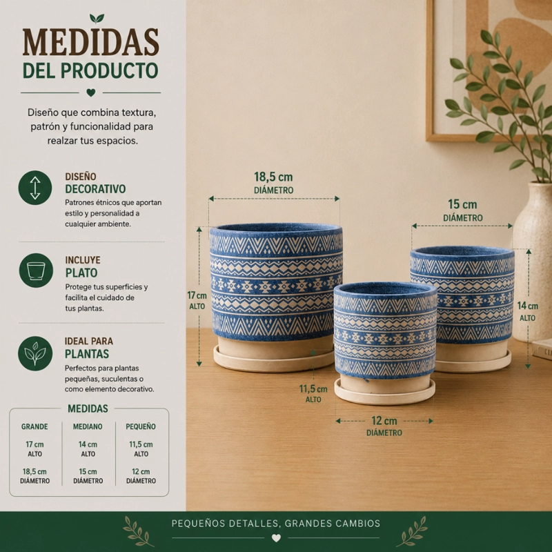 SET 3 MACETEROS MACETA DE CERAMICA AZUL CON PATRONES BEIGE - 7