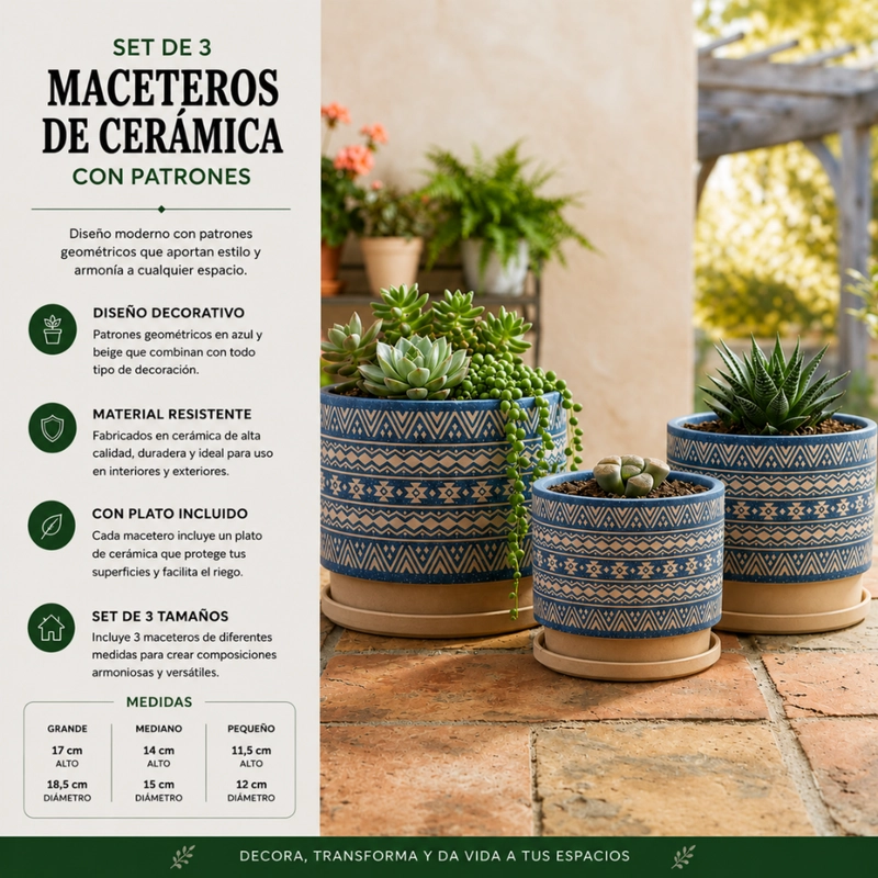 SET 3 MACETEROS MACETA DE CERAMICA AZUL CON PATRONES BEIGE - 8