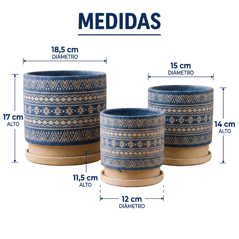 SET 3 MACETEROS MACETA DE CERAMICA AZUL CON PATRONES BEIGE - 9