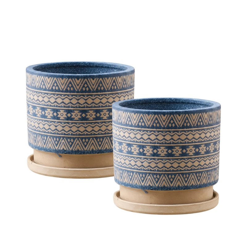 MACETERO MACETA DE CERAMICA AZUL CON PATRONES BEIGE S - 1