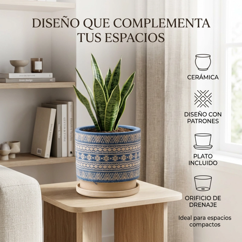 MACETERO MACETA DE CERAMICA AZUL CON PATRONES BEIGE S - 3