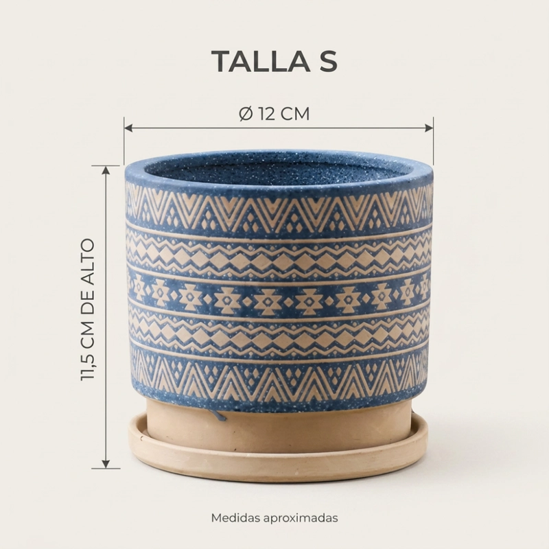MACETERO MACETA DE CERAMICA AZUL CON PATRONES BEIGE S - 5