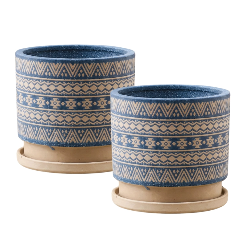 MACETERO MACETA DE CERAMICA AZUL CON PATRONES BEIGE M - 1
