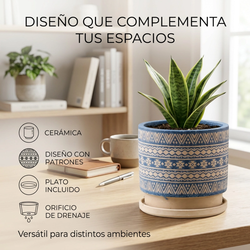 MACETERO MACETA DE CERAMICA AZUL CON PATRONES BEIGE M - 3