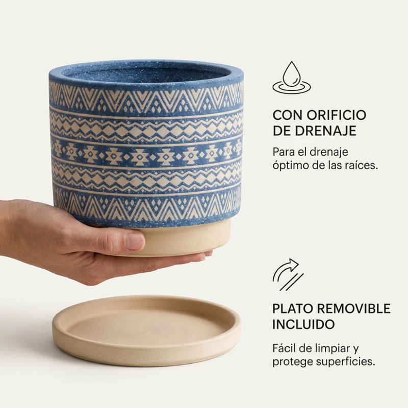 MACETERO MACETA DE CERAMICA AZUL CON PATRONES BEIGE M - 4