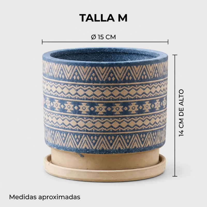 MACETERO MACETA DE CERAMICA AZUL CON PATRONES BEIGE M - 5