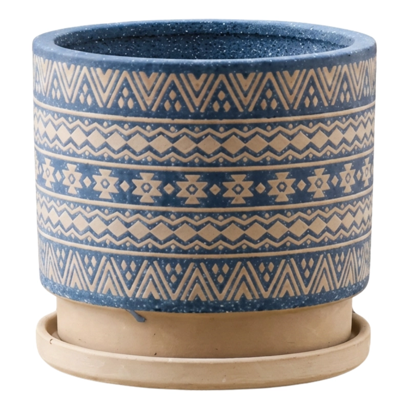 MACETERO MACETA DE CERAMICA AZUL CON PATRONES BEIGE M - 6