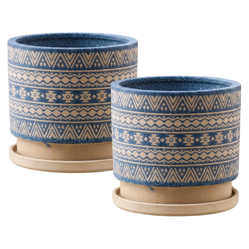 MACETERO MACETA DE CERAMICA AZUL CON PATRONES BEIGE L - 1