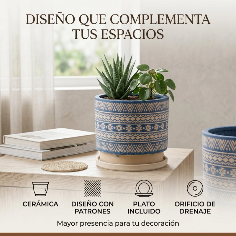 MACETERO MACETA DE CERAMICA AZUL CON PATRONES BEIGE L - 3