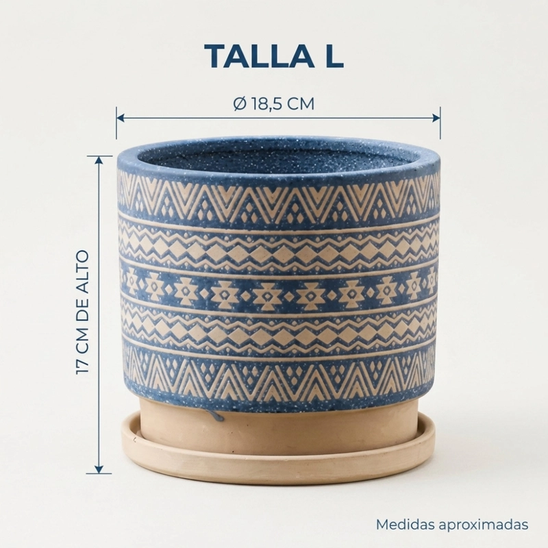 MACETERO MACETA DE CERAMICA AZUL CON PATRONES BEIGE L - 5