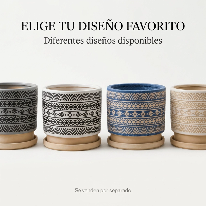 MACETERO MACETA DE CERAMICA AZUL CON PATRONES BEIGE L - 7