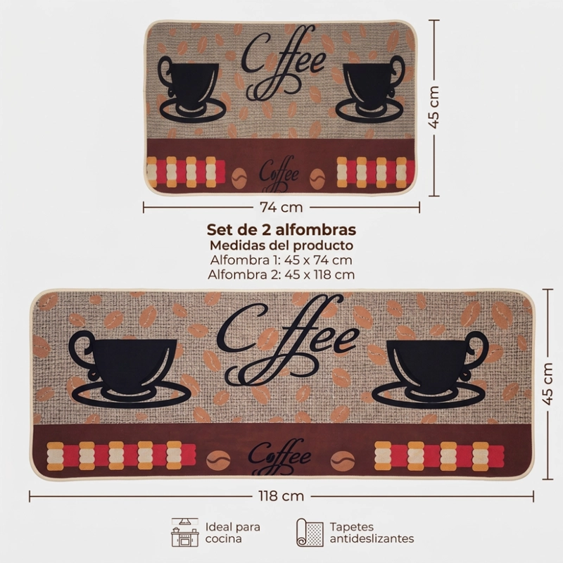 SET 2 ALFOMBRAS DE COCINA GOMA ANTIDESLIZANTE DISEÑO COFFEE - 7