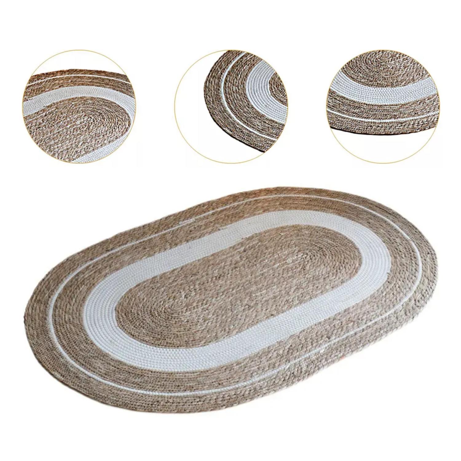 ALFOMBRA FRANJA BLANCA M NATURAL YUTE RUSTICA OVALADA - 2
